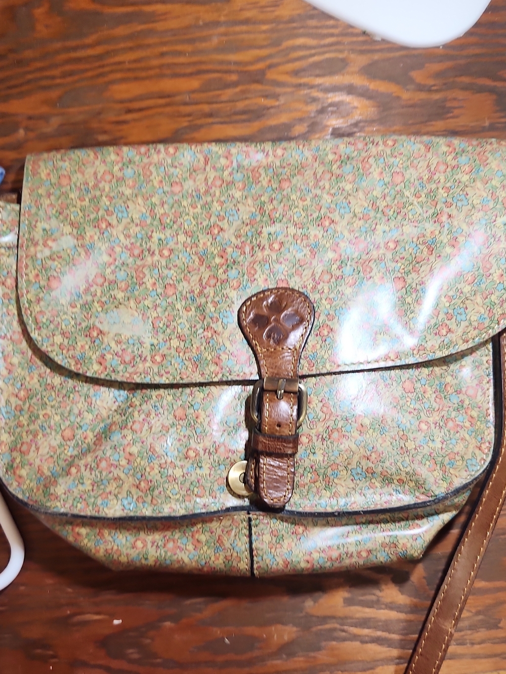 Patricia Nash Floral Print Crossbody Bag with Brown Trim and Adjustable Strap